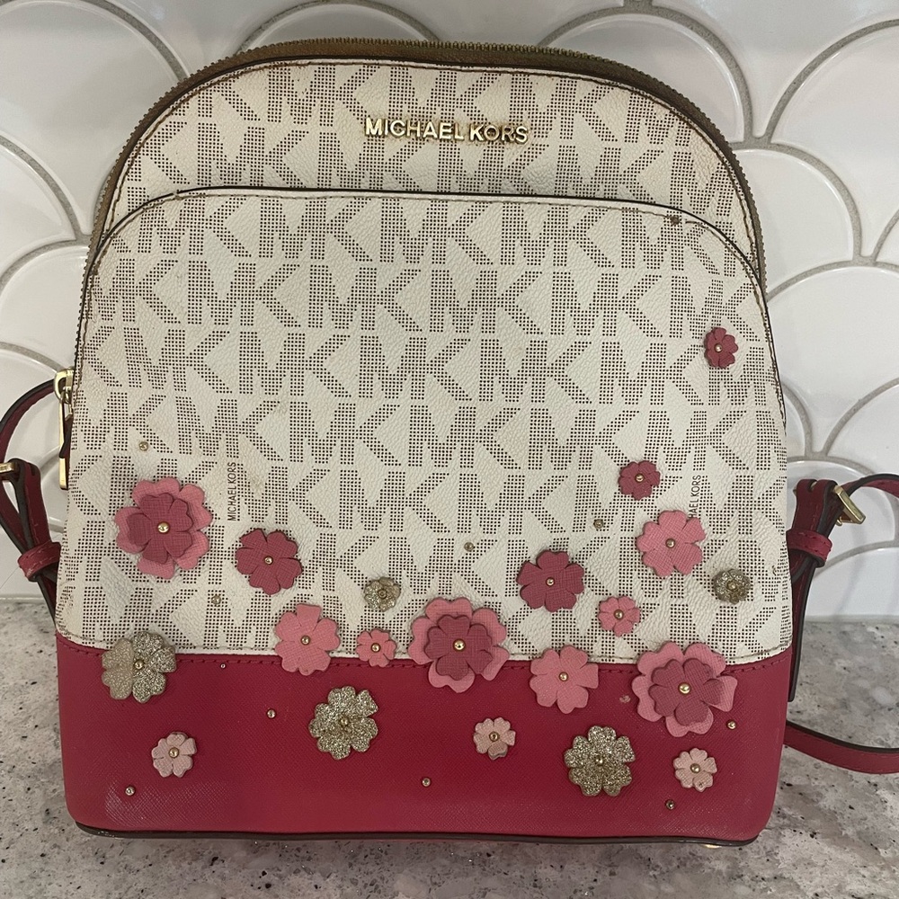 Michael Kors Emmy Floral Rose Pink Saffiano Leather Backpack